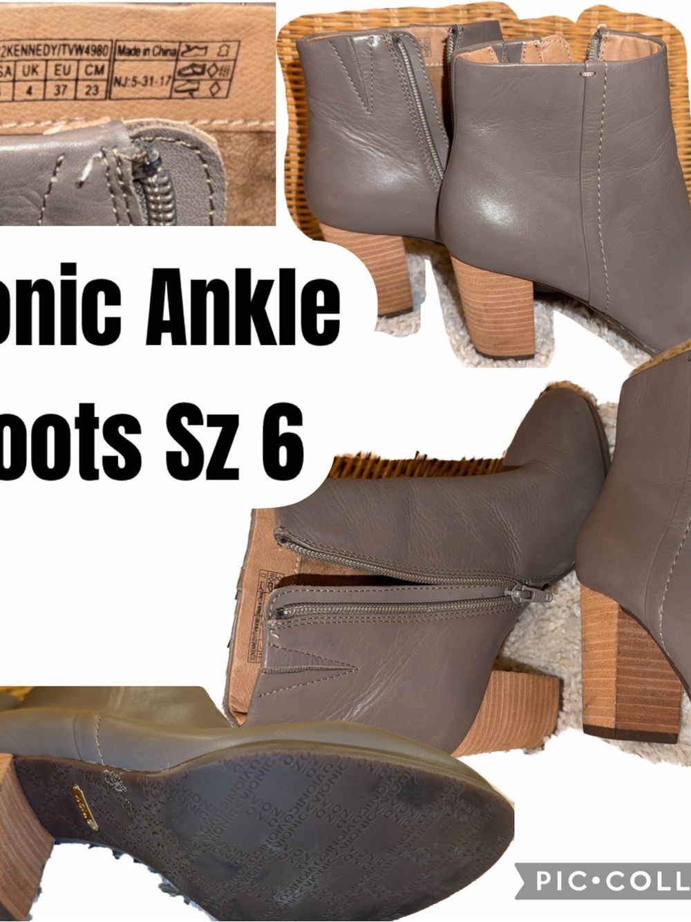 Vionic Taupe Leather Ankle Booties with Stacked Wood Heel
